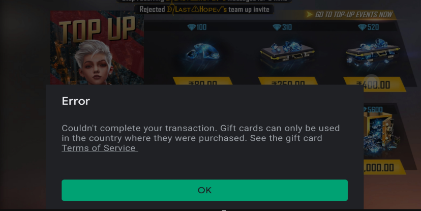 Free fire top up err transaction cannot completed - Google Play Community